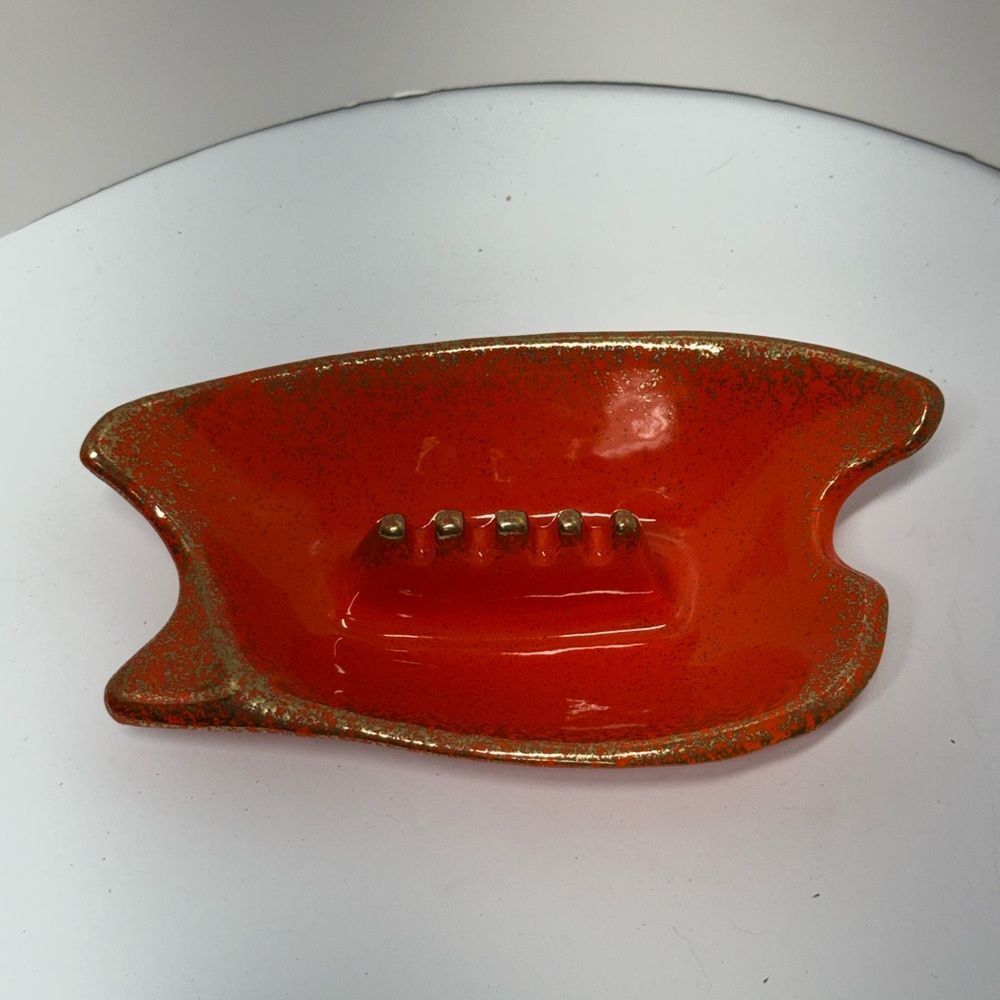 Vintage Ashtray Orange Mid Century Modern Ceramic Atomic Leaf Design Decor